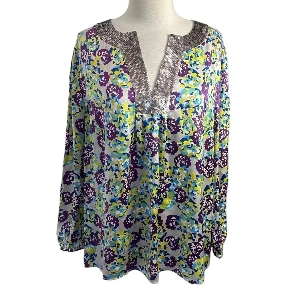 Boden Limited Edition 14 gray purple blue floral 100% silk blouse sequin collar